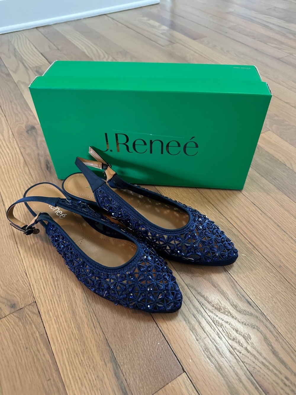 J.Renee Navy Laser-Cut Beaded Slingback Flats